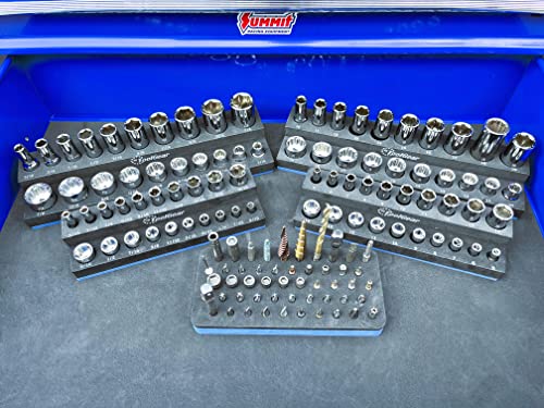 ToolGear Socket & Bit Organizer for Tool Box Drawer – Holds 80 Sockets + 50 Hex Screwdriver Bits, 1/4" & 3/8" Drive, Metric & SAE, Deep & Standard, Easy-Read Size Labels – Garage & Shop Storage Tray