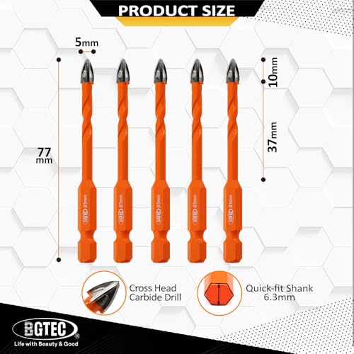 BGTEC Cemented Carbide Drill Bits Masonry Drill Bits, 5pcs Quick-fit Shank 5MM Cross Spiral Hard Alloy Drill Bit for Wood Plastic Masonry Ceramic Tile Concrete Marble - size: 5pcs 5mm
