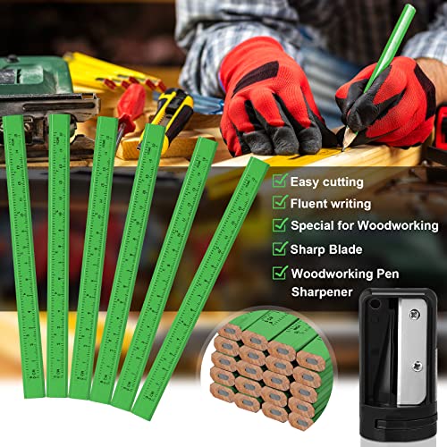 Honoson 200 Pcs Flat Construction Pencils with Printed Ruler Wood Graphite 2 Pcs Carpenter Pencil Sharpener for Woodworking Marking Tool(Green) - color: Green