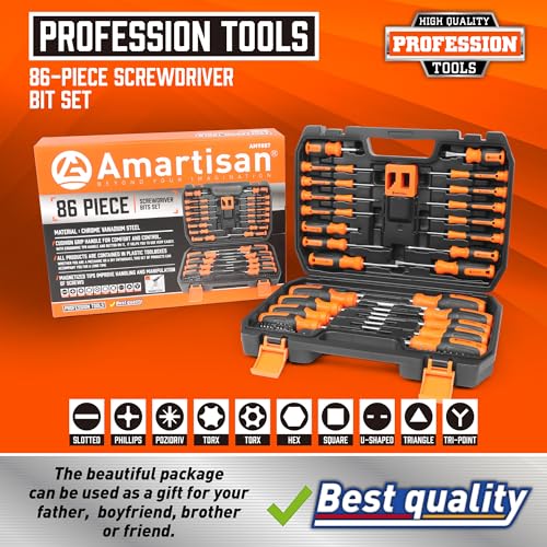 Amartisan 86-Piece Magnetic Screwdrivers Set with Case, Includs Slotted, Phillips, Hex, Pozidriv,Torx and Precision Screwdriver Set, Magnetizer Demagnetizer Tools, Tools for Men - style: 86-Piece Screwdrivers Set