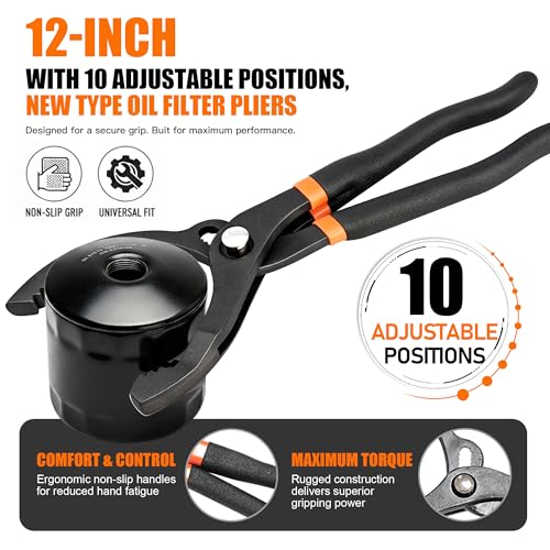 2nd Generation 12-Inch Adjustable Oil Filter Wrench,New 10-Speed Quick Adjustment Oil Filter Plier, Oil Filter Removal Tool for Engine Filters, Conduit, & Fittings, Car Maintenance Tool