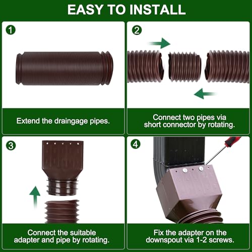 2 Pack Rain Gutter Downspout Extensions, Upgraded Flexible Drain Down Spout Extender for Rain Water Drainage, Each Extendable from 20" to 66", Combine to 10 ft with Connector(Brown) - color: 2 Pack Brown