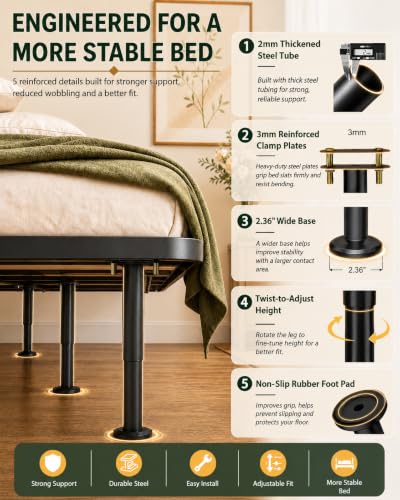 6 Pcs Adjustable Height Bed Support Legs, 7-12.6 Inch Metal Under Bed Frame Support Legs, Extra Sturdy Bed Legs Replacement Parts with Rubber Non-Slip Base for King Queen Frame Wooden Center Slat - size: 7'' - 12.6'' 6pcs