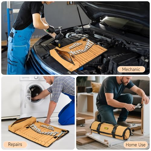 23+1 Pockets Wrench Roll Organizer,Metric/SAE Wrench Roll Up Pouch,No Tools - color: Brown