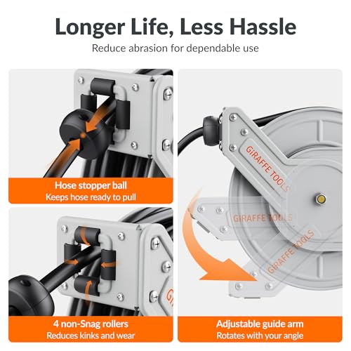 Giraffe Tools 65ft Retractable Pressure Washer Hose Reel, 2600 PSI