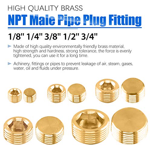 Glarks 10Pcs Brass 1/2'' NPT Male Pipe Plug Fitting Set Internal Hex Thread Socket Pipe Plug Kit - size: 1/2''NPT