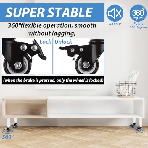Set of 4 Metal Adjustable Furniture Legs with Wheels 7-12 Inch White Adjustable Table Legs with Casters Heavy Duty Bed Support with Brake Table Legs with Wheels for Cabinet Sofa Bed, 440LBS