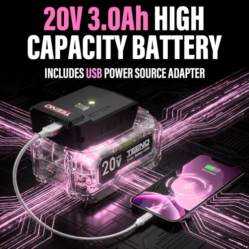 TEENO Brushless Power Tool Combo Kit, 6-in-1 Cordless Interchangeable Multi-Tool Set (Drill, Impact Wrench, Oscillating Tool, Reciprocating & Chain Saws, Sander), 3Ah Battery, USB Adapter & Hard Case - color: Pink