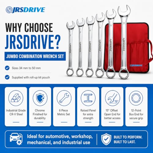 Jumbo Combination Wrench Set, 6 Piece Metric Chrome Finished Sizes 34 to 50 MM, Heavy Duty CR-V Steel Construction, Industrial Grade Spanner Kit for Automotive, Workshop & Mechanical Use