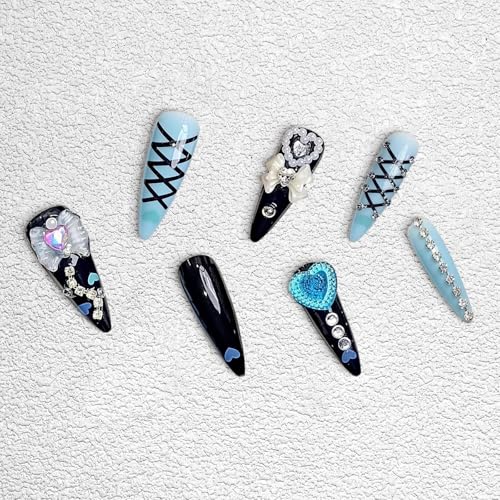 3D Black Press on Nails Almond - Long Tip Fake Nails with Embossed Heart-shaped Bow&White Bead Designs, Glossy Finish Reusable False Nails for Women Manicure(3D Embossed design 26） - color: 3D Embossed design 26