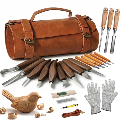 Wood Carving Kit, 25Pcs Complete Whittling Kit - 9 Walnut Handles Wood Carving Knife, 5 Detail Knifes, 3 Chisels, Professional Woodworking Tool Set for Beginners DIY Crafts & Gifts