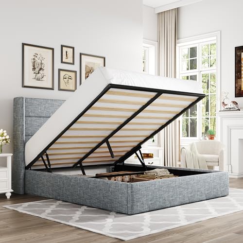 Allewie Queen Size Lift Up Hydraulic Storage Bed Frame Blue Grey - color: Blue Grey, size: Queen, style: Modern