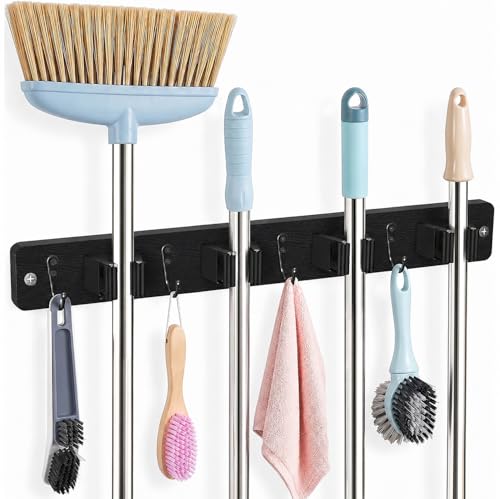 AceMining Black Broom Holder Wall Mount, 4 Holders 4 Hooks Mop Holder - color: Black, size: 1 Pack