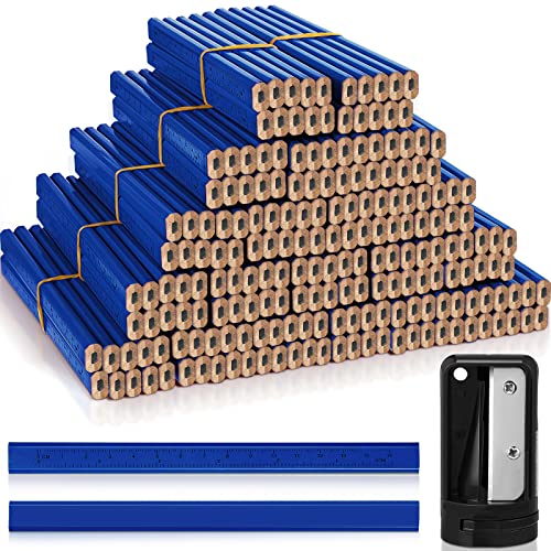Honoson 200 Pcs Flat Construction Pencils with Printed Ruler Wood Graphite 2 Pcs Carpenter Pencil Sharpener for Woodworking Marking Tool(Blue) - color: Blue