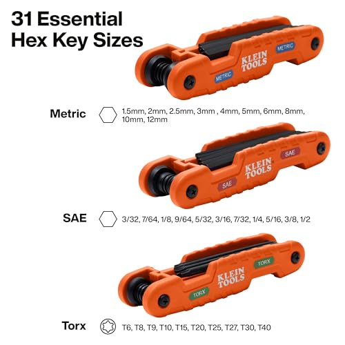 Klein Tools 70553 3-Piece Pro Folding Hex Key Set, Metric, SAE, Torx Sizes, 31 Keys, Industrial Strength Heat Treated Alloy Steel - style: TORX, SAE & Metric Kit