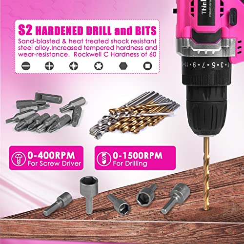 ThinkLearn Tool Kit with 20V Cordless Drill(265in-lbs), Pink Drill Set for Women, Lady's Home Tool Kit for DIY, Daily Repair Tool Set as a Creative Gift with a Large-Capacity Tool Storage Bag