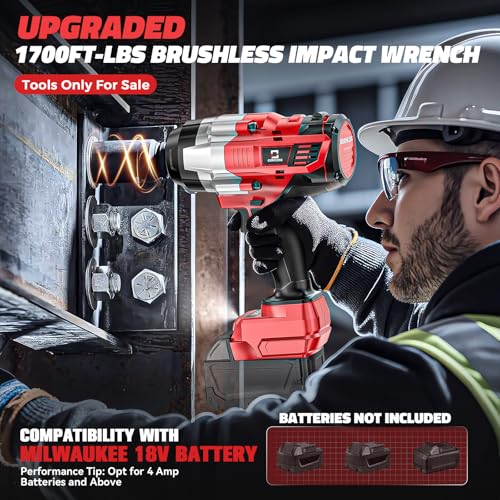 Cerycose Cordless Impact Wrench 1/2 inch Compatible with Milwaukee 18V Battery: 1700FT-LBS High Torque Impact Wrench with 6 Sockets & Case, Brushless Electric Impact Gun with LED Work Light, Bare Tool - size: 1/2inch, style: Fit for Milwaukee（include 6 So