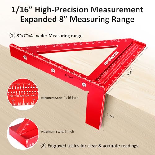 8 inch 3D Multi-Angle Measuring Square Ruler, WT103C High Precision Hole Scribing Woodworking Tools, 0-90° Aluminum Alloy Carpenter Square with Stair Gauges, Carpenter Pencils 6 Refills. - color: 8 inch Square+Pencil+Stair Gauge, style: Imperial