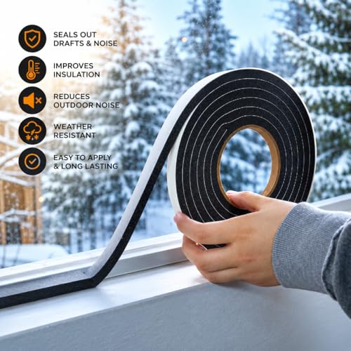 WOD Insulation Foam Tape Self Adhesive - 1/2 Thick x 3/4 Width - 25 feet - Made in USA Weather Stripping, HVAC, Sealing Doors, Windows, Pipes, Cooling, Sound Proof, and Air Conditioning. - color: Width: 3/4 Inch, size: Thick: 1/2 inch