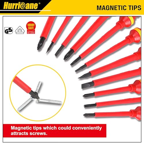 HURRICANE 1000V Insulated Electrician Screwdriver Set, 13 Piece Professional Electrical Screwdriver Set, CR-V Steel Magnetic Phillips Slotted Pozidriv Torx, Insulation VDE & GS Certified Screwdriver - size: 13-Piece Classic Insulated Screwdriver Set