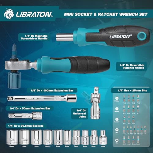 LIBRATON 1/4" Dr Mini Socket & Ratchet Wrench Set with Bits, 4-13mm Socket