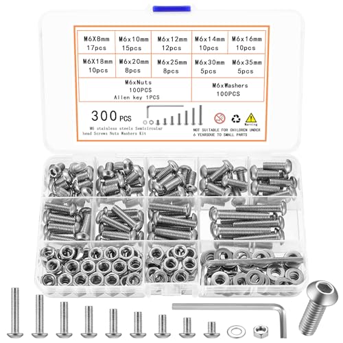 300 Pcs M6 Nuts and Bolts Assortment Kit, Pan Head Machine Screws, Hex Button Head Socket Cap Screws, Bolts and Washers, Stainless Steel Metric Screw Assortment, Fully Threaded - size: M6