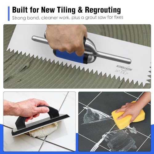 6PCS V-Notch Tile Trowel Set, Grout Float, 2 Sponges & Grout Saw