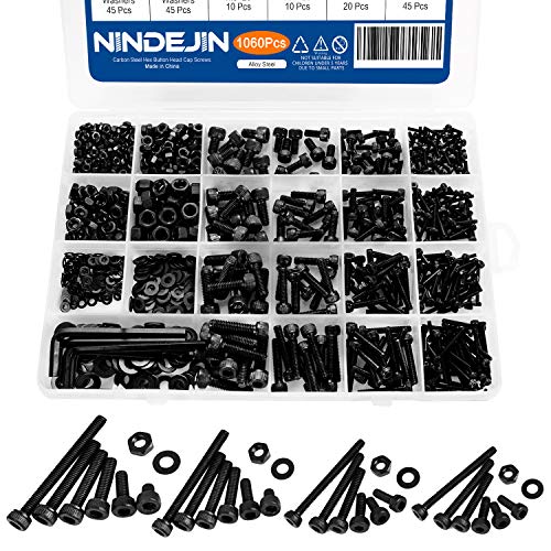 NINDEJIN M2 M3 M4 M5 Hex Socket Head Cap Screw Bolts Nuts and Washer Assortment Kit, 1060PCS Black Machine Screws Set, 12.9 Carbon Steel Small Metric Screws with 4PCS Allen Wrenches - size: M2 M3 M4 M5 1060