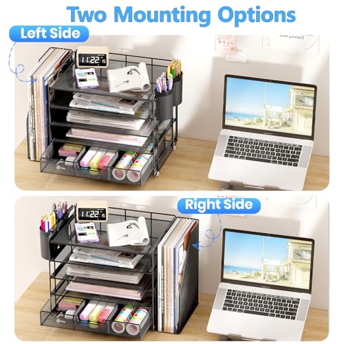 OPNICE Desk Organizer, 5-Tier Desktop File Organizer with Drawer and Pen Holders, Office Desk Accessories, File Sorters, Workspace Organizers for Office Supplies(Black) - color: Black, size: 5T