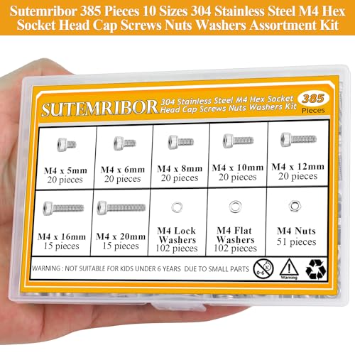 385 Pieces M4 Screws Nuts Washers Set, Sutemribor M4 x 5/6/8/10/12/16/20mm Hex Socket Head Cap Screws Nuts Washers Assortment Kit, 304 Stainless Steel, Fully Threaded - size: M4, style: Socket Head