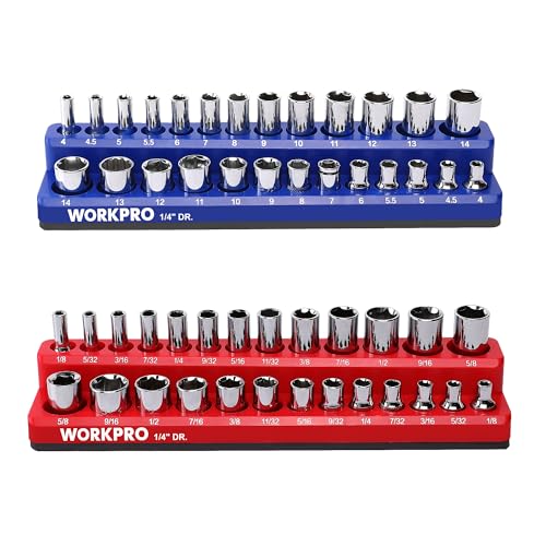 WORKPRO 1/4-inch Magnetic Socket Organizer Set, 2-Piece SAE & Metric Socket Holders, Holds 52 Standard and Deep Sockets for Tool Box, Tool Carts (Sockets Not Included) - size: 1/4" SAE&Metric