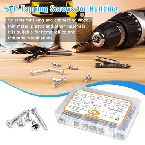 460PCS Stainless Steel Wood Screws Assortment Kit, 18 Sizes #4#6#8#10#12 Pan Head Sheet Metal Screws Self Tapping Screws Set for Wood Deck Drywall Concrete Screws, Length 1/4" to 2" - style: Silver Pan Head 460PCS