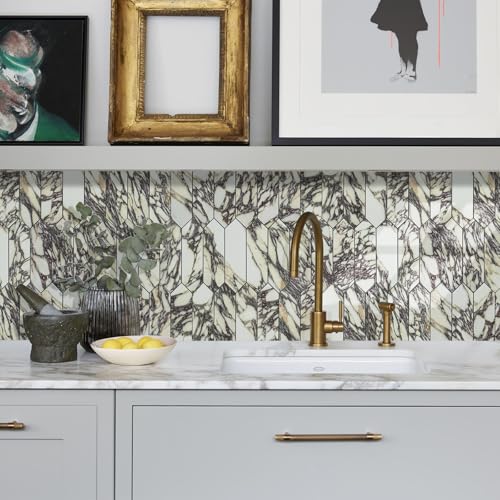Vamos Tile Glossy Marble Purple Backsplash Tile Peel and Stick, 12.8 x 12.8 Inch 10 Sheets Long Hexagon PVC Self Adhesive Mosaic Wall Tiles Stick on Backsplash for Kitchen and Bathroom - color: Glossy Marble Purple