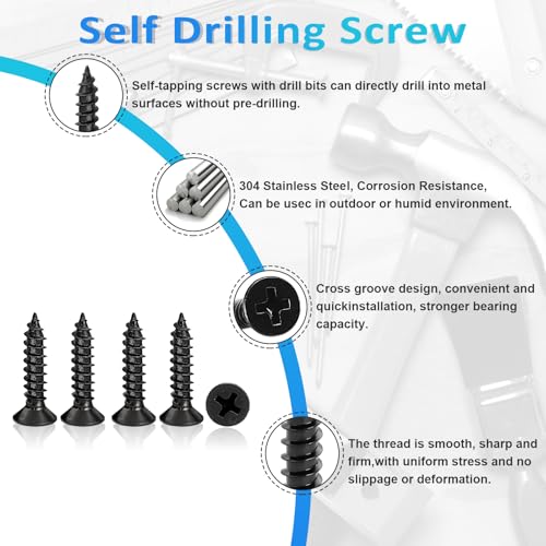 100PCS #6 x 5/8" Black Wood Screws, Flat Head Stainless Steel Sheet Metal Screws, Fast Self Tapping Screws for Deck Drywall Concrete Screws with Screwdriver Bit - style: Black #6X5/8" Flat Head 100PCS