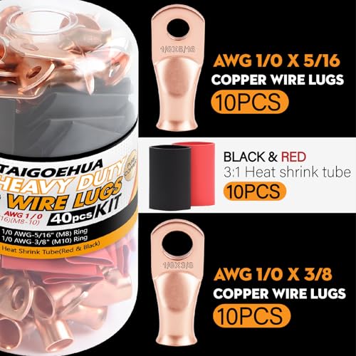 40PCS (1/0 AWG-3/8(M10) 5/16(M8)) Battery Cable Copper Wire Lugs Ends,Battery Terminal Connectors with pcs 3:1 Heat Shrink Tubing (Red & Black) kit - color: AWG-1/0