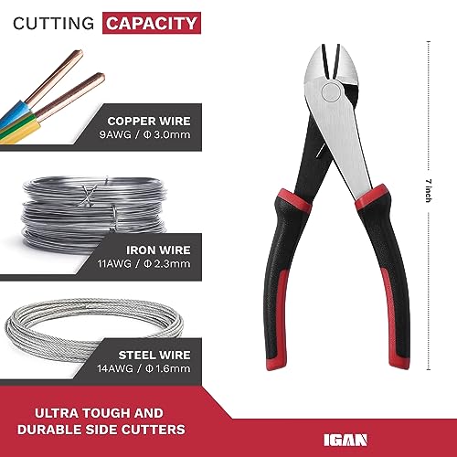 IGAN 7-inch Wire Cutters, Spring-loaded Side Cutters Dikes, Ultra Tough and Durable Diagonal Cutting Pliers in CRV Steel, Heavy Duty Cutting Pliers for Electrical, Artificial Flowers and Homes - size: 7''x1