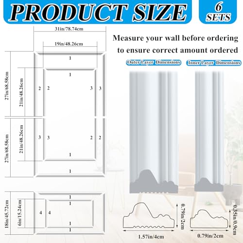 Pangda 6 Set Peel and Stick Wall Molding Kit Inner and Outer Layer Style Premade Wainscoting Panel for Interior Wall Moulding Decor Accent Wall Molding (31x54inch) - size: 31x 54inch