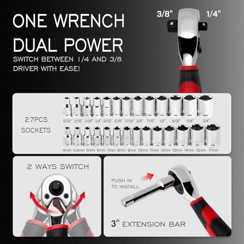 ironcube 53-Piece Socket Ratchet Wrench Set, with 20-In-1 Ratcheting Screwdriver & 2-in-1 Adjustable Wrench for Garage, Auto Repair, Household Backyard & College Dorm