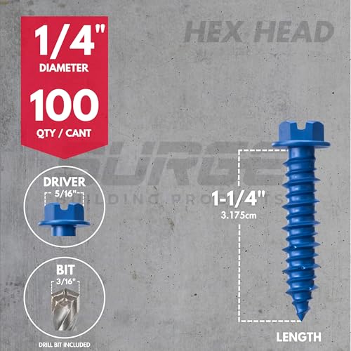 1/4" x 1-1/4" Hex Head Blue Concrete Screws with Drill Bit (Box of 100) - size: 1/4" x 1-1/4"