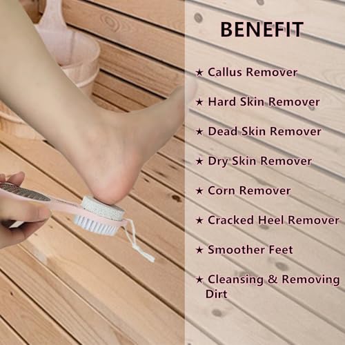 Foot File Callus Remover 5-in-1, 2 Pcs Feet Scraper Pedicure Tools with Pumice Stone, Scrubber Brush, Stainless Steel Foot Rasp and Sand Paper Debris Catcher, Multi Purpose, Pink - color: Pink Pink