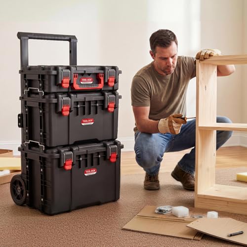 JEKO&JEKO 3-Piece Rolling Modular Tool Box System with Large Rolling Tool Box & Small Parts Organizer for Garage Storage, DIY Projects, Professional Use & Home Repairs