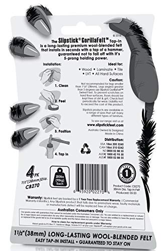GorillaFelt CB270 Furniture Feet Floor Protectors/Felt Glides (Set of 4) Tap On Felt Furniture Pads Guaranteed to Stay On, 1-1/2 Inch Round Sliders - size: 1-1/2 Inch 4 Pack