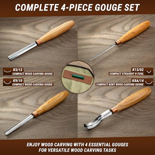 BeaverCraft Wood Carving Gouges Chisels Kit SC01 - Wood Spoon Carving Chisel Set - Whittling Tools Includes Radial Gouges, Flat Chisel, Bent Gouge, Leather Strop & Rolling Pouch