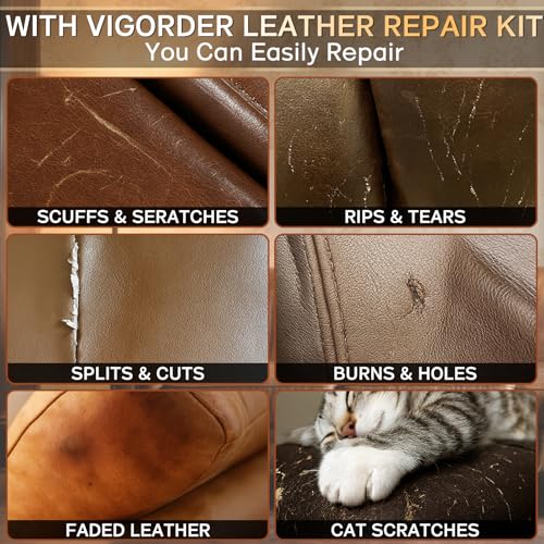 Vigorder Brown Leather Repair Kit for Furniture, Leather Couch Repair Kit for Furniture, Sofa, Jacket, Purse – Super Easy Instructions to Fix Scratches, Tears, Holes, and Peeling - color: Brown