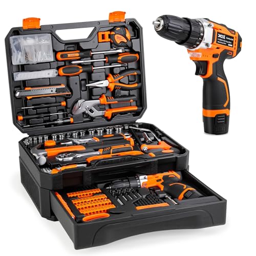 XOOL 313-Piece Home Tool Kit with 12V Cordless Drill, Toolbox with Drawer, All-in-One Tool Set for DIY, Home & Garage