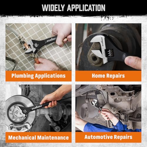 HORUSDY 3-Piece Adjustable Spud Wrench Set, 10", 12", 16", CR-V Steel, SAE & Metric Scale, Black Oxide Finish, Heavy Duty Wrenches for Construction, Mechanical Repair, DIY and Outdoor Projects - style: 3PC Spud Wrench Set(10" 12" 16")