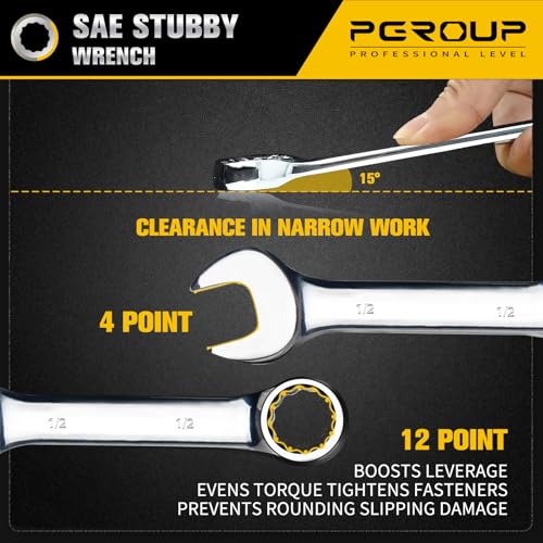 1/2" SAE Stubby Combination Wrench, CR-V Steel with Mirror Polish, 12-Point Design, 15-Degree Offset, Perfect for Auto Repair, Household, Car & Truck Emergency - size: 1/2"