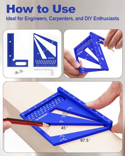 3D Multi Angle Measuring Ruler Aluminum Alloy Woodworking Square,Versatile Square Tool with Preset Angles from 22.5° to 90° Ideal Layout Tool for Carpentry, Engineering & DIY Projects - color: Blue