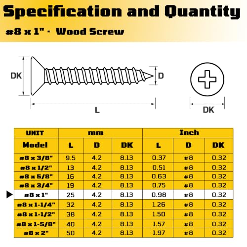 #8 x 1 inch Flat Head Wood Screws, 304 Stainless Steel Phillips Drywall Screws and Tapping Screws, High Hardness Screws for Drywall, Sheetrock, Wood (50 Pcs) - size: #8 x 1"