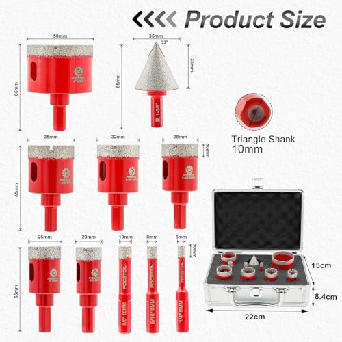 Diamond Core Drill Bits Set - FOCSTOL 10pcs (6/8/10/20/25/28/32/35/50mm+35mm Beveling Chamfer Bit) Hole Saw Kit with Triangle Shank for Porcelain Tile Ceramic Granite Marble - size: KIT8